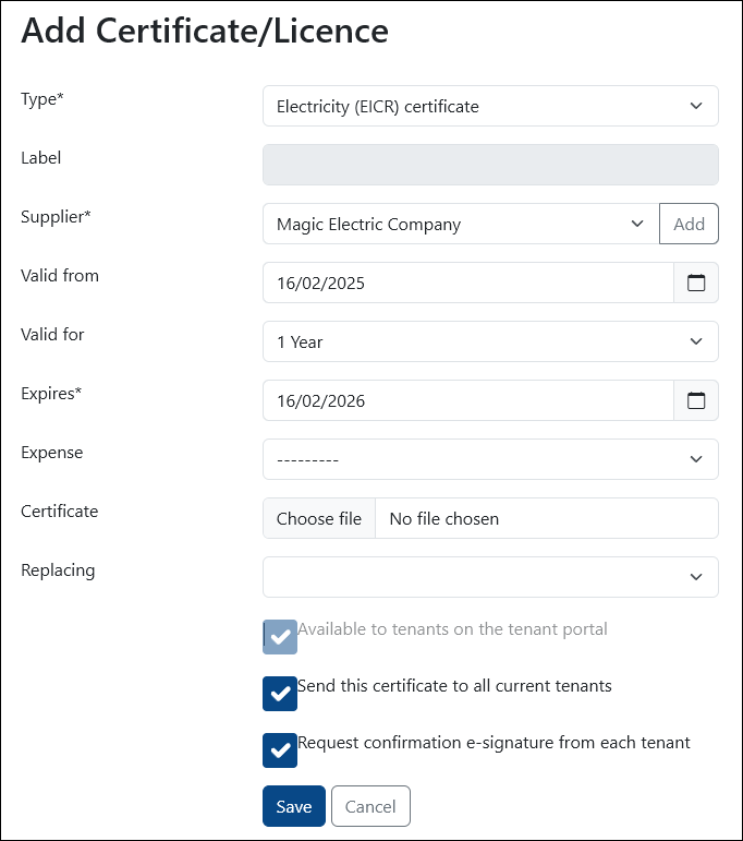 Certificate upload form